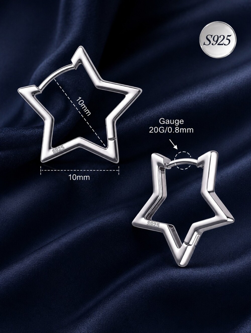 925 Sterling Silver Star Hoop Earrings | Minimalist Geometric Huggie Hoops